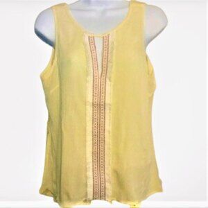 Valentine Festival Tank Top Large Yellow Keyhole Crochet Back Boho Sleeveless